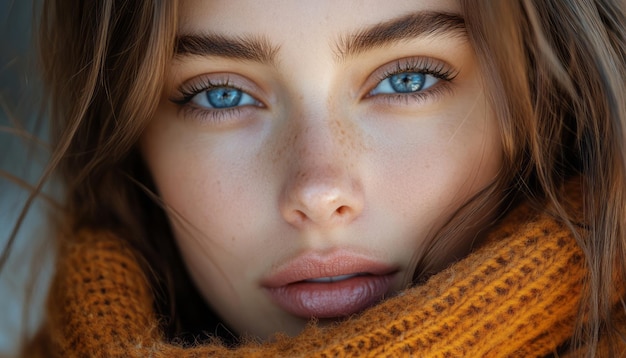 Photo beautiful young woman with striking blue eyes and warm brown scarf in natural lighting