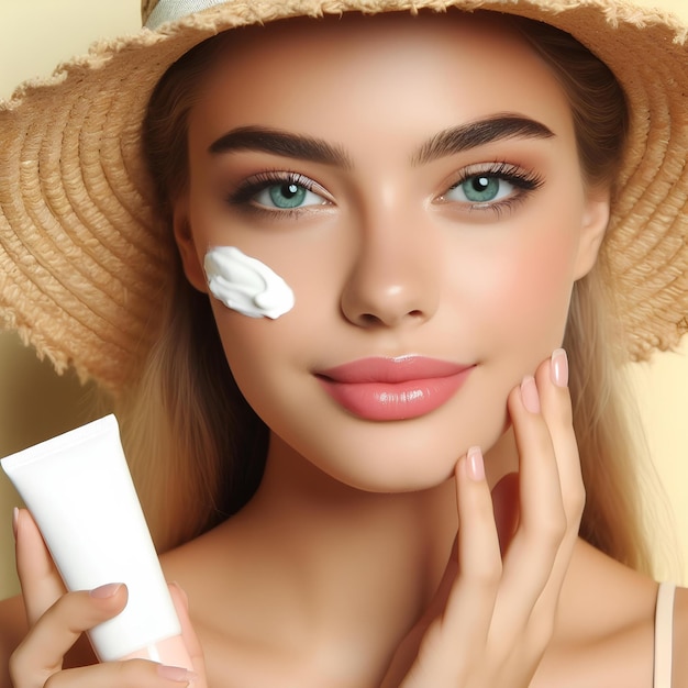 Beautiful young woman with sun protection cream on her face against yellow background closeup