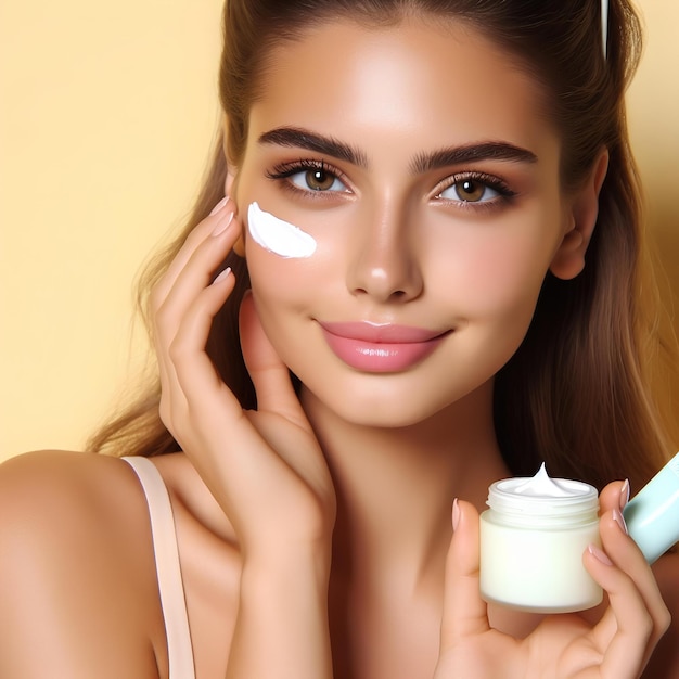 Beautiful young woman with sun protection cream on her face against yellow background closeup