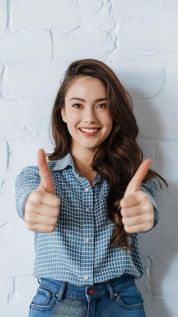 Beautiful young woman with thumbs up isolated on white wall