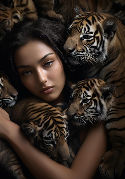 Beautiful young woman with tiger cubs on a dark background