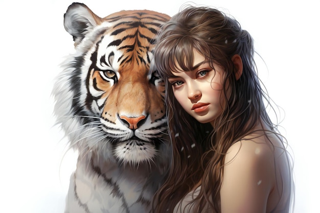 Beautiful young woman with a tiger on a white background