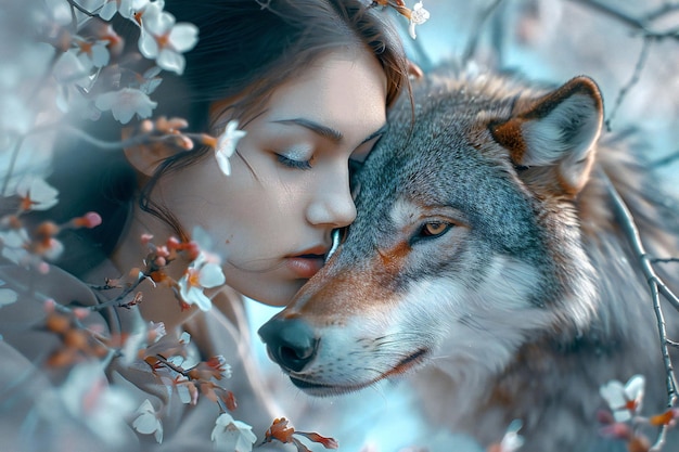 Beautiful young woman with a wolf in a blooming garden