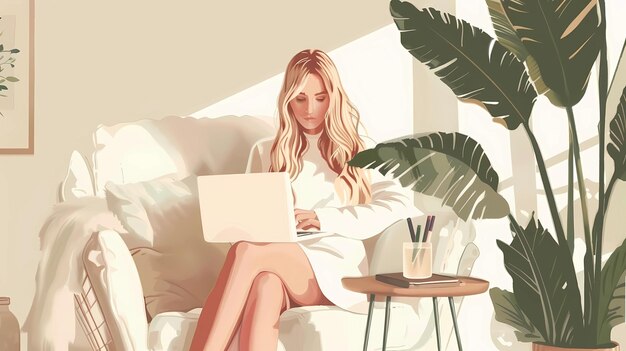 Beautiful young woman working on a laptop at home Freelance and remote work concept Generative AI