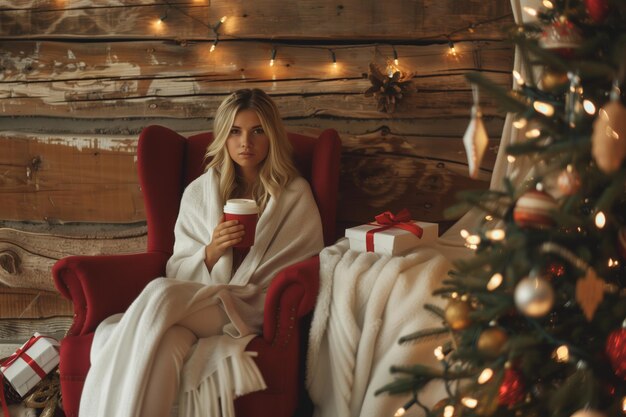 Beautiful young woman wrapped in a plaid sits in a red chair with a cup of tea or coffee in the New Year home interior near the Christmas tree