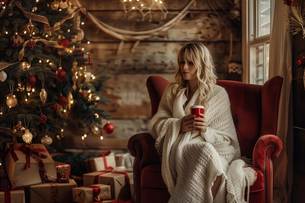 Beautiful young woman wrapped in a plaid sits in a red chair with a cup of tea or coffee in the New Year home interior near the Christmas tree