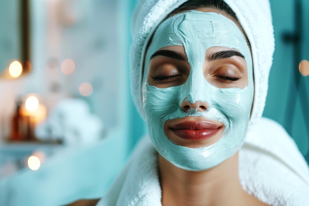 Beautiful young womans face with facial mask and towel on the head Woman gets facial care by beautician at spa salon Face peeling mask spa beauty treatment skincare Closeup top view