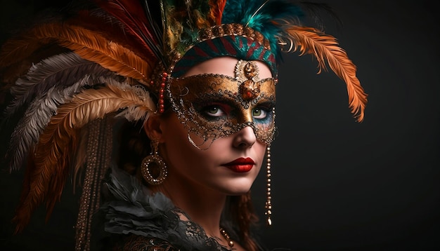 beautiful young women in carnival, stylish masquerade costume with feathers