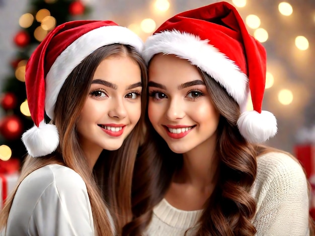 Beautiful young women in Santa hats on blurred Christmas background AI_Generated