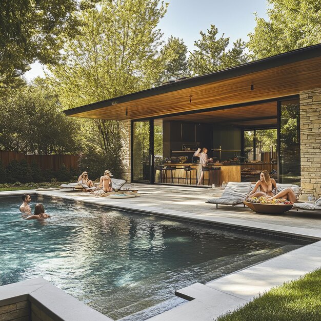 Photo beautiful young women sunbathing by swimming pool in luxury house