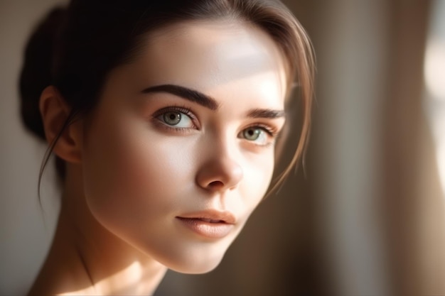 Beautiful young women with perfect fresh skin and makeup touches her face portrait of model with make up eyebrows and long eyelashes beauty and spa skincare and wellness selective focus