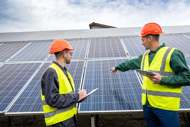 Beautiful young workers in special clothes write down a plan to install solar panels