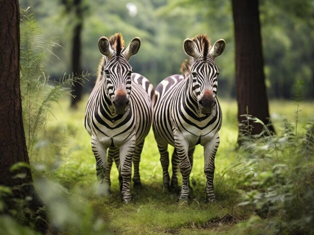 Beautiful zebra running inside a forest