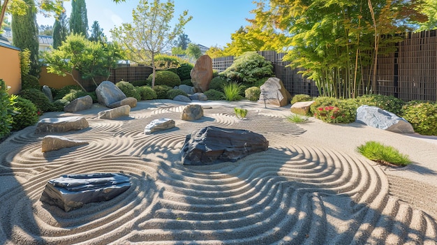 A beautiful Zen garden with raked sand and stone arrangements The garden is surrounded by a bamboo fence and has a large tree in the center