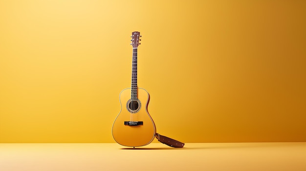 a beautifull guitar standing in front of camera with a christmas tree in yellow background