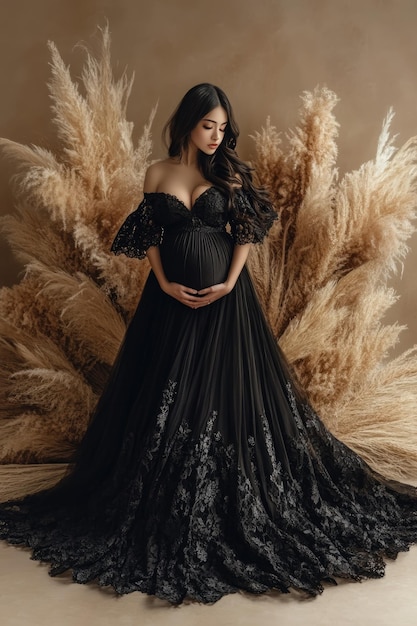 A beautifull pregnant peruvian model in black lace dress possing in design