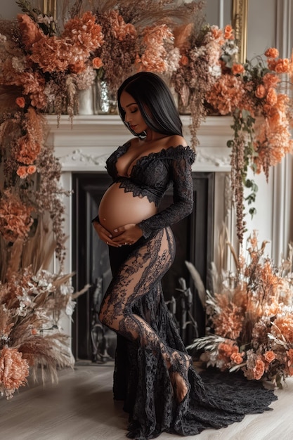 A beautifull pregnant peruvian model in black lace dress possing in designin