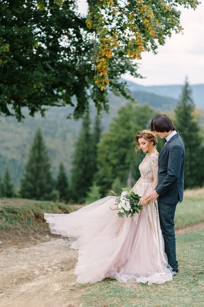 Beautifull wedding couple kissing and embracing near the shore of a mountain river with stones