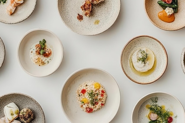 Photo a beautifully arranged assortment of gourmet dishes served in elegant bowls