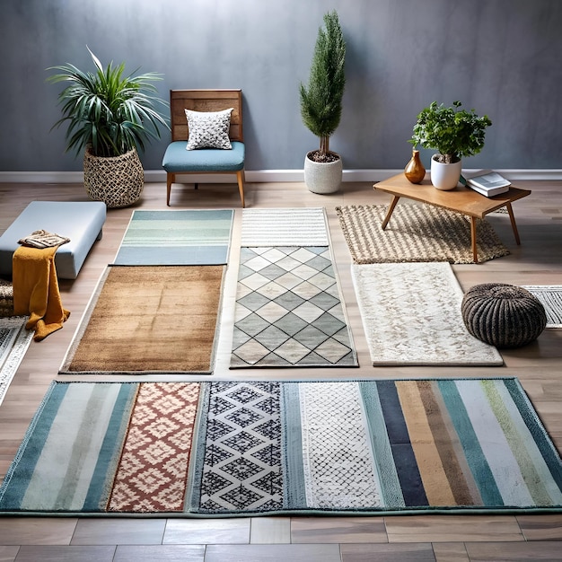 A beautifully arranged assortment of patterned rugs in various shades of blue green brown and beige