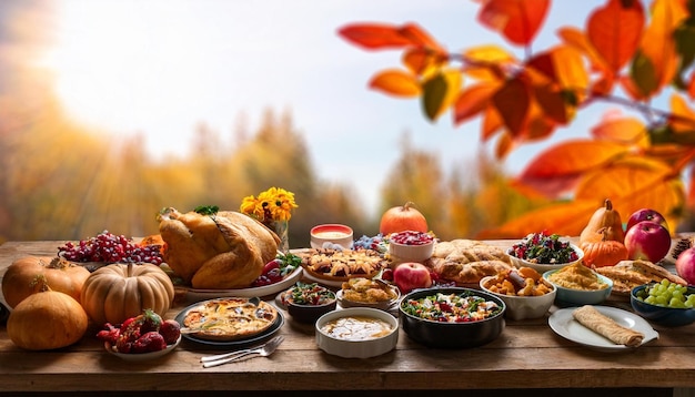 Photo a beautifully arranged autumn feast featuring a variety of seasonal dishes fruits and bake