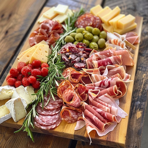 A beautifully arranged charcuterie board with meats and cheeses