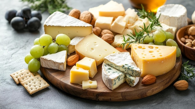 A beautifully arranged cheese platter featuring a variety of cheeses fresh grapes crunchy nut