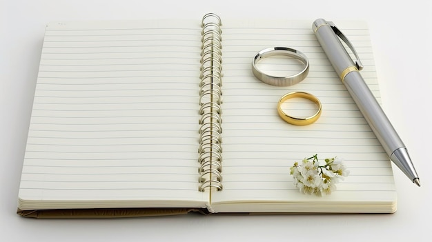 A beautifully arranged composition featuring wedding rings a pen and flowers on an open notebook perfect for capturing meaningful moments