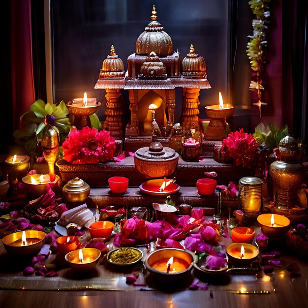 Photo beautifully arranged diwali altar with puja items