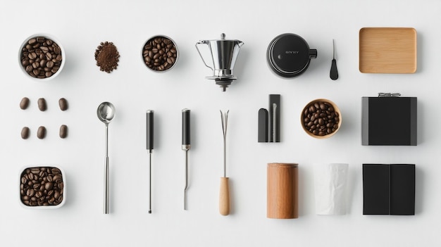 a beautifully arranged flat lay of coffee making tools