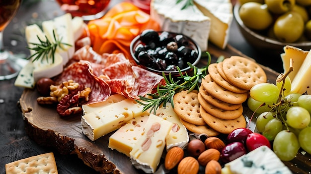 A beautifully arranged gourmet cheeseboard with fruits nuts and crackers