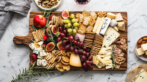 Photo a beautifully arranged gourmet cheeseboard with fruits nuts and crackers