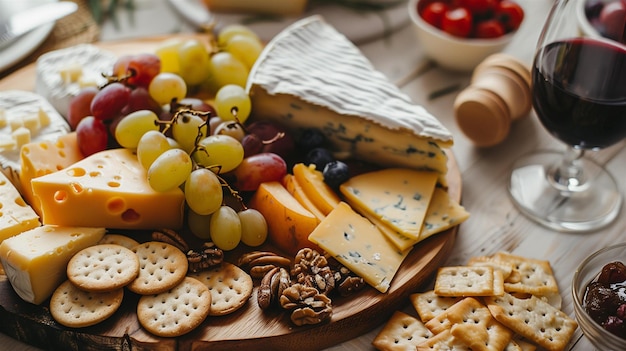 Photo a beautifully arranged gourmet cheeseboard with fruits nuts and crackers