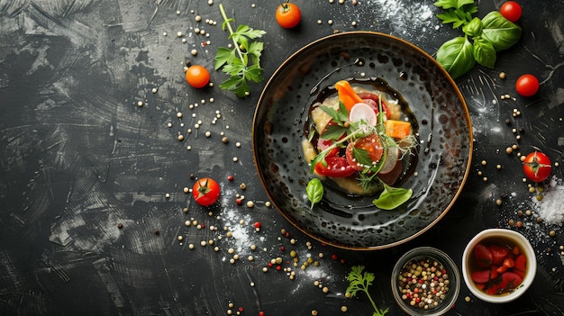 Photo a beautifully arranged gourmet salad with fresh vegetables and herbs served on a dark textured table