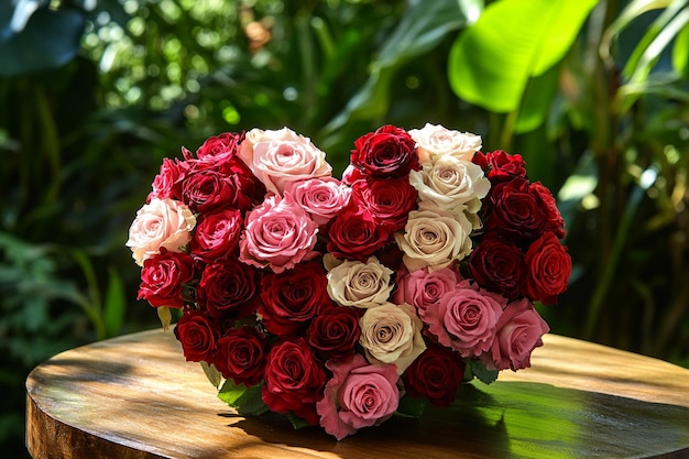 Photo a beautifully arranged heart made entirely of vibrant red roses sits gracefully ai photo