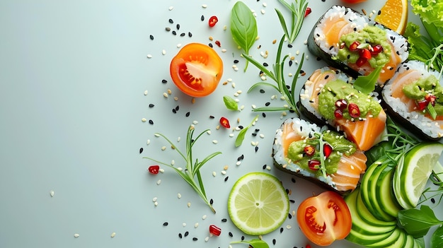 Photo beautifully arranged minimalist flat lay with clean background and delicious food items