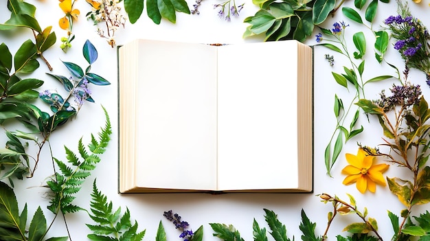 Photo a beautifully arranged open notebook surrounded by fresh greenery and colorful flowers