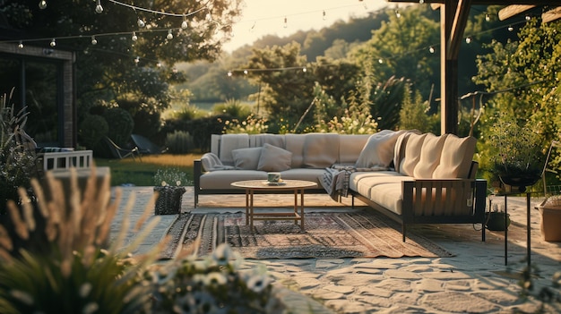 Photo a beautifully arranged outdoor patio at golden hour with soft cushions and warm lighting creating a serene inviting atmosphere