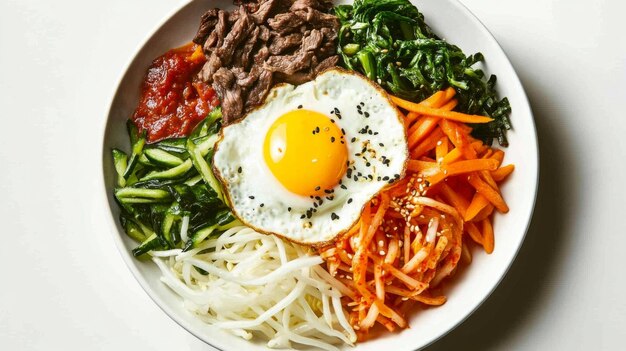 A beautifully arranged plate of bibimbap featuring colorful vegetables beef a fried egg and gochujang set against a clean background to highlight the dish vibrant ingredients