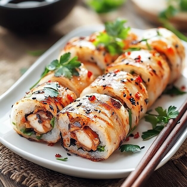 Photo beautifully arranged plate of chinese rolls food photography