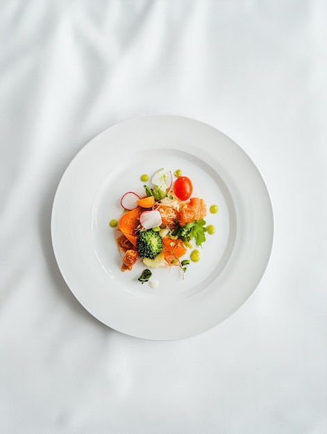 A beautifully arranged plate of colorful vegetables and seafood showcasing culinary artistry