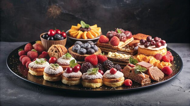 Photo a beautifully arranged platter of assorted desserts and fruits