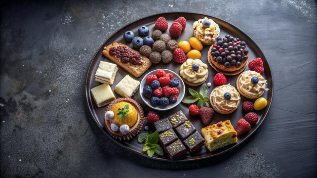 Photo a beautifully arranged platter of assorted desserts and fruits