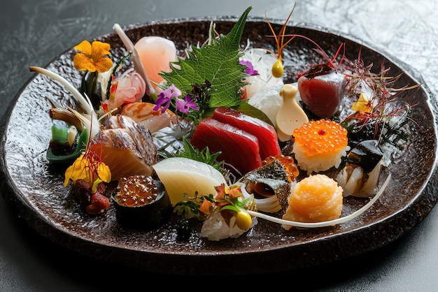 Photo a beautifully arranged platter of kaiseki traditional cuisine showcasing vibrant colors and textures