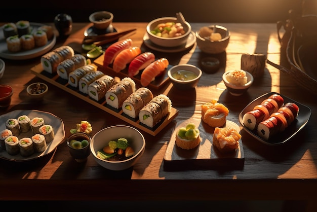 Beautifully arranged platter of sushi on a wooden table with dramatic lighting