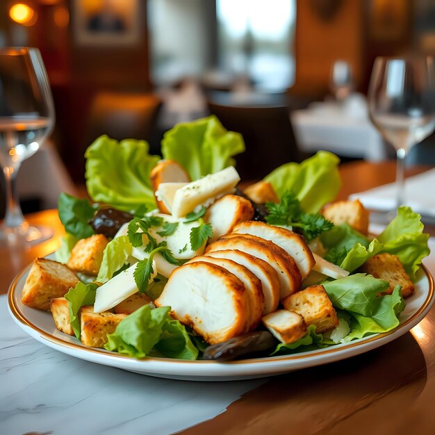 Beautifully arranged salad ingredients on a white plate for caesar