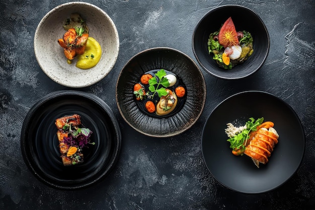 A beautifully arranged selection of gourmet dishes on stylish plates