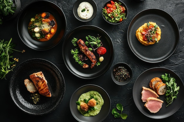 A beautifully arranged spread of various gourmet dishes on dark plates