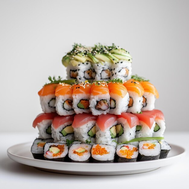 A beautifully arranged sushi platter featuring various types of rolls and toppings