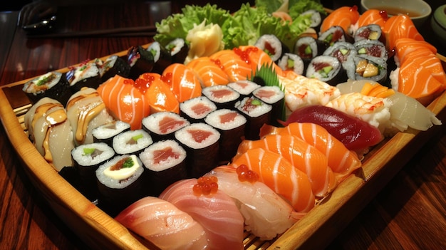 A beautifully arranged sushi platter with assorted nigiri and maki rolls adorned with fresh wasabi and pickled ginger